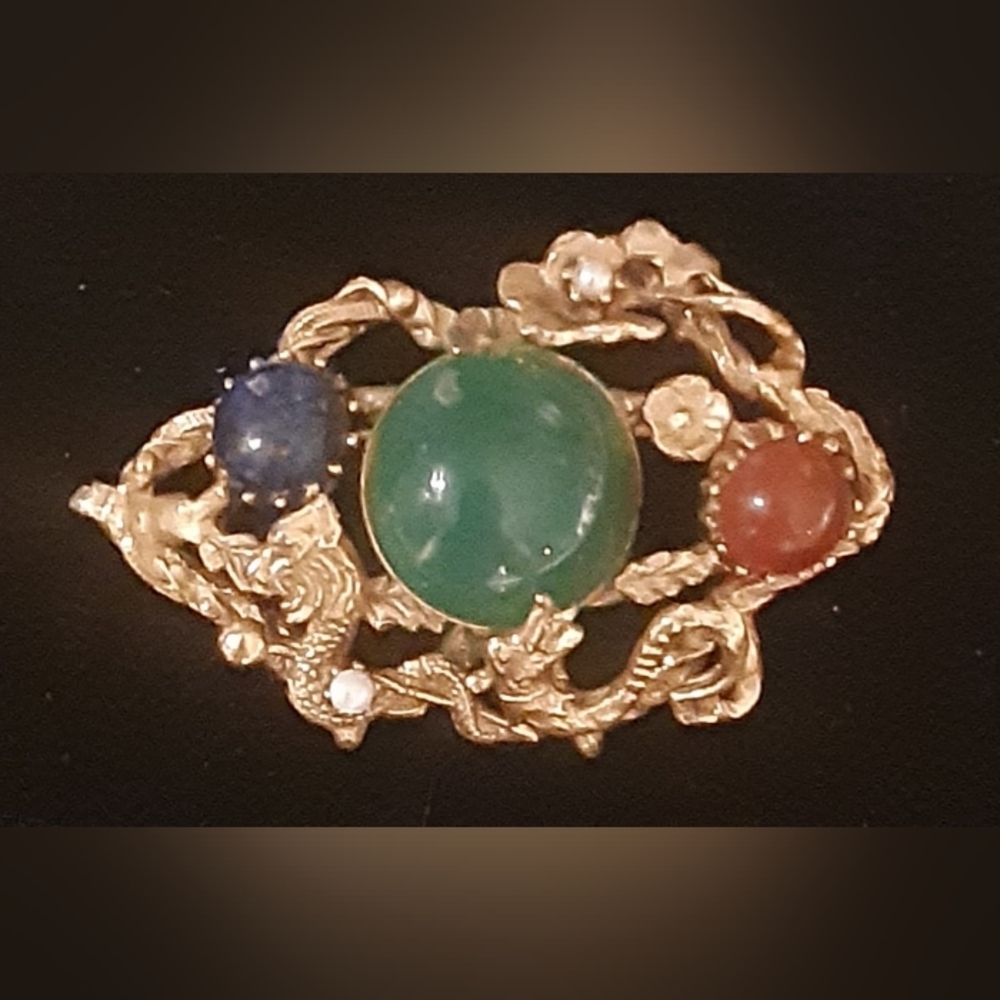 SWOBODA DRAGON BROOCH Chyrsopase, Carnelian, Pearl & Lapis c1950-60's